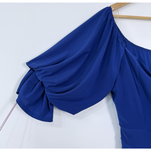 Vtg Royal Blue‎ Sheath Dress Size 2X Layered Bell Sleeves Body Skimming Stretchy - Picture 4 of 11